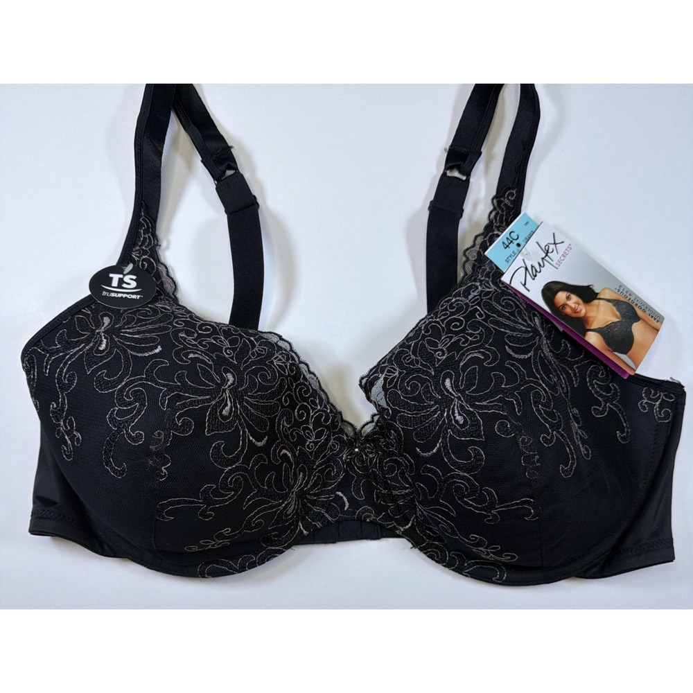 Playtex Secrets Bra 44C Black Embroidered Underwire US4513 Lifts Supports New